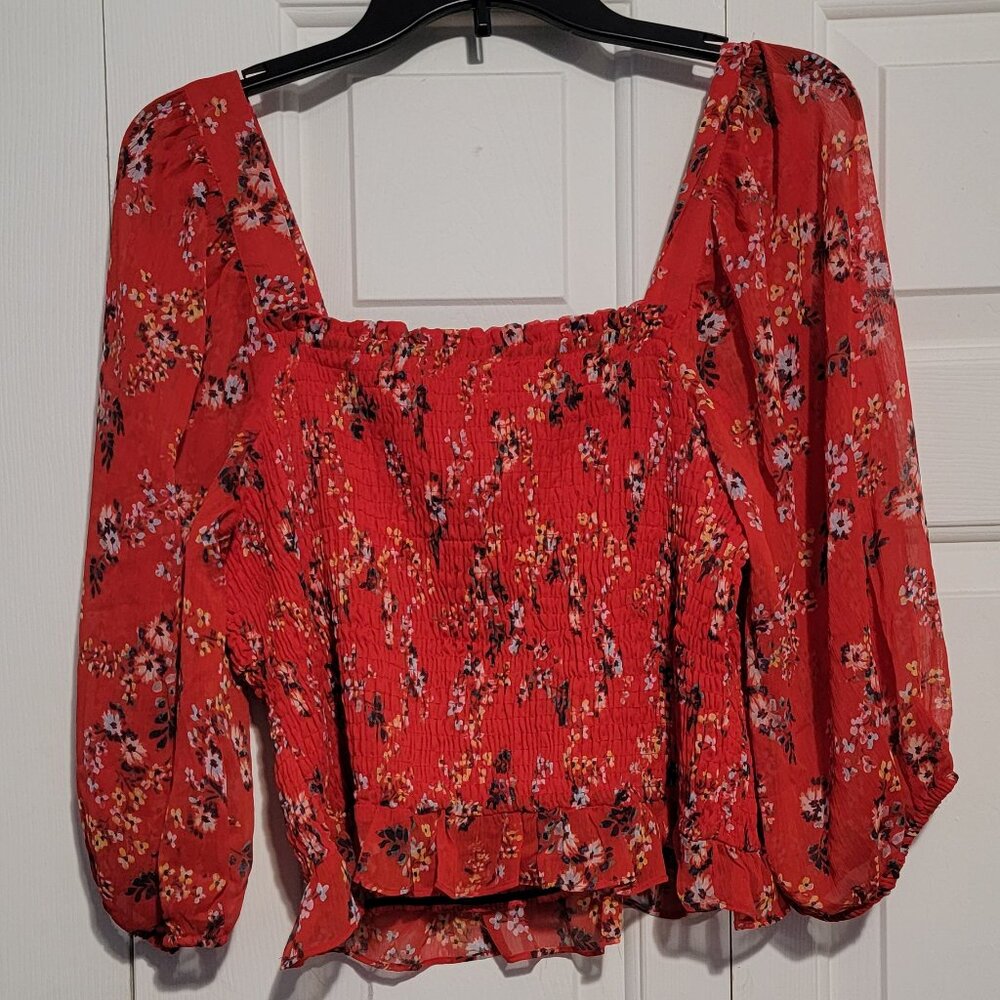 LC Lauren Conrad Smocked Puff-Sleeve Top, Red Floral, Large